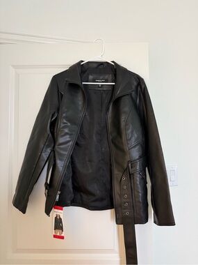 Kenneth Cole Black Faux Leather Jacket with Belt